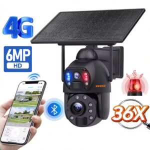 AV-S436 4G Solar Güneş Enerjili 6MP 36X Optikal Zoom Siren ve Sesli Uyarı 50 Metre Gece Görüş Mesafesi Ubox Uygulaması IP PTZ Kamerası