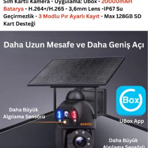 AV-S436 4G Solar Güneş Enerjili 6MP 36X Optikal Zoom Siren ve Sesli Uyarı 50 Metre Gece Görüş Mesafesi Ubox Uygulaması IP PTZ Kamerası